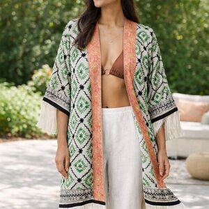 Elegant Geometric Kimono Cover-Up - Green, Black, and Coral